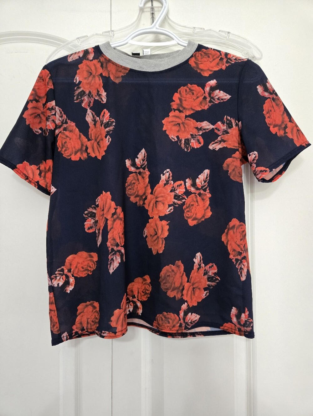Zara Navy Short Sleeve Tee with Red Floral Print